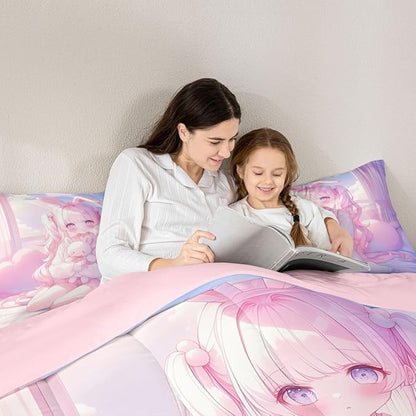 Erosebridal Romance Girly Comforter Set for Kids Boys Girls Anime Girl Bedding Japanese Girl Duvet Set Cute Cartoon Bear Comforter King with 2 Pillowcases