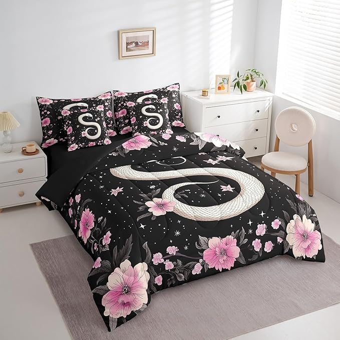 jejeloiu Boho Snake Bedding Set 7Pcs Twin Size Kids Bohemian Comforter Set with Sheets for Boys Girls Floral Flower Bed in a Bag Soft Lightweight,Microfiber