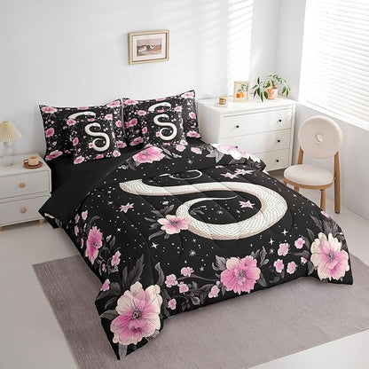 jejeloiu Boho Snake Bedding Set 7Pcs Full Size Kids Bohemian Comforter Set with Sheets for Boys Girls Floral Flower Bed in a Bag Soft Lightweight,Microfiber