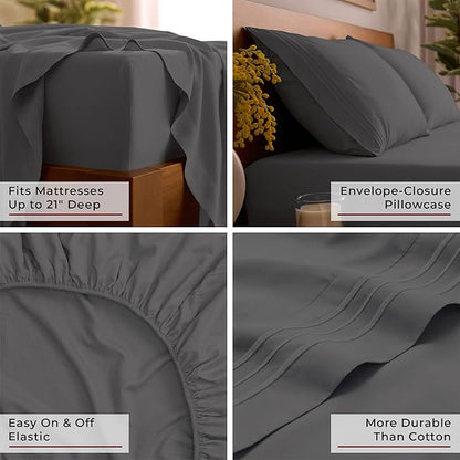 Mellanni Full Sheet Set - 6-Piece Iconic Collection Bedding, (Including 4 Pillowcases), 21-Inch Extra Deep Pocket, Easy Care, Ultra Soft, Cooling Sheets, Brushed Microfiber - Gray