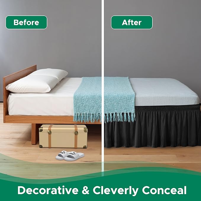 Biscaynebay Wrap Around Bed Skirts for King & Cal King Beds with Extra Long Drop of 25", Black Adjustable Elastic Dust Ruffles Easy Fit Wrinkle Resistant Silky Luxurious Fabric Machine Washable