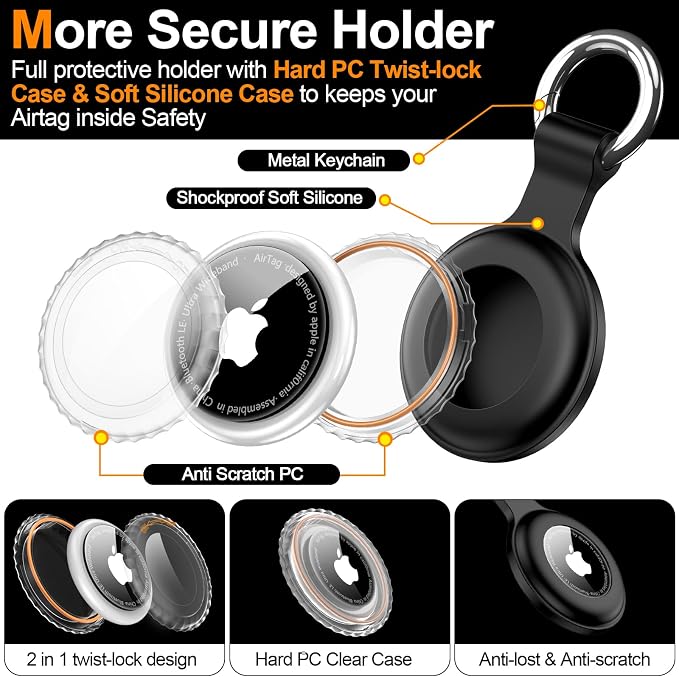 1|2|4Pack for Apple AirTag Holder with Keychain for Air Tag 2nd/1st Gen | Waterproof Air Tag Cover GPS Tracker Anti-Scratch Silicone Air-Tag Case for Pets,Kids,Luggages-4 Black
