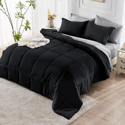 JOLLYVOGUE King Comforter Set, Ultra-Soft Bed in a Bag King Size 7 Pieces, Oeko-TEX Certified Bedding Set with Down Alternative Comforter, Sheets, Pillowcases & Shams, Black & Light Grey