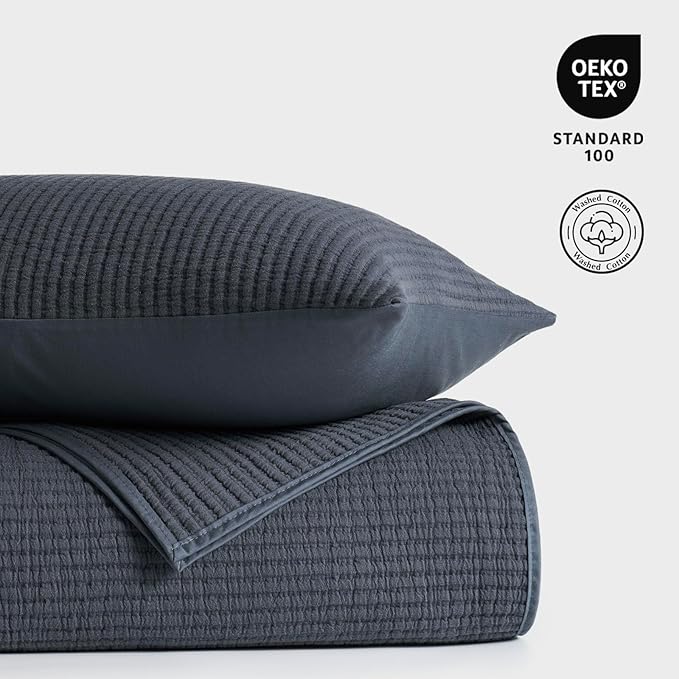 EVERGRACEHOME Cotton Coverlet Set King Size 3 Pieces, Lightweight Soft Ribbed Matelassé Bedspread Quilt Set, Cozy Oversized Quilted Bedding Set with 2 Pillow Shams for All Seasons, Midnight Blue
