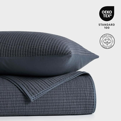 EVERGRACEHOME Cotton Coverlet Set King Size 3 Pieces, Lightweight Soft Ribbed Matelassé Bedspread Quilt Set, Cozy Oversized Quilted Bedding Set with 2 Pillow Shams for All Seasons, Midnight Blue