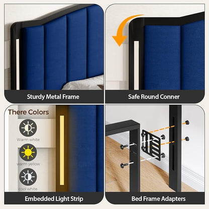Headboard for Queen Size Bed with LED Lights, Upholstered Vertical Channel Tufting Head Boards, Velvet Headboard Only, Attach Frame, Ideal for Bedroom, Dorm, Guest Room, Blue