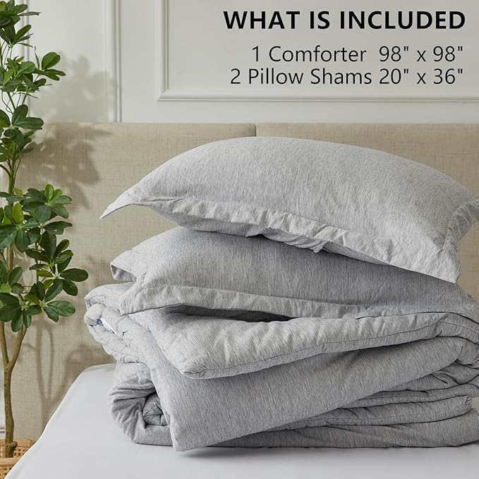 CozyLux Oversized Queen Comforter Set, 3 Pieces 98x98 Light Grey Soft Luxury Cationic Dyeing Bedding Set, Light Gray Breathable Lightweight Bed Set with 1 Down Alternative Comforter and 2 Pillow Shams