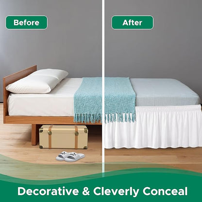 Biscaynebay Wrap Around Bed Skirts for Queen Beds with Extra Long Drop of 25", White Adjustable Elastic Dust Ruffles Easy Fit Wrinkle Resistant Silky Luxurious Fabric Machine Washable