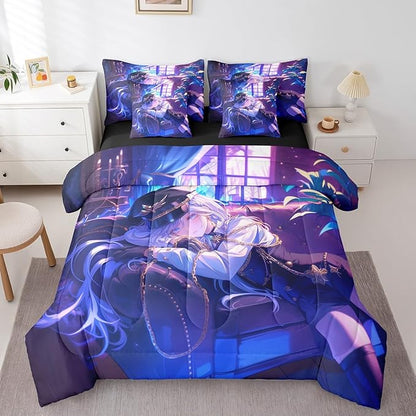Anime Girl Comforter Set With Sheets Full Size Japanese Anime 7 Piece Bedding Set For Kids Boys Teens Women Bedroom Decor, Cartoon Girl Bed In A Bag Japanese Animation Kawaii Bed Sets, Purple