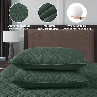 HORIMOTE HOME Quilt Set King Size Dark Green, Classic Geometric Diamond Stitched Pattern, Ultra Soft Microfiber Lightweight Bedding Bedspread Coverlet for All Season with 1 Quilt 2 Pillow Shams