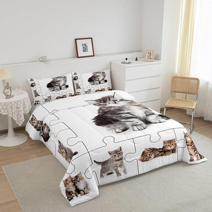 Castle Fairy 3D Cats Print Twin Size Down Comforter Set,Cute Pet Theme Duvet/Quilt Set Soft Bed Collection,Lovely Kittens Kids Cartoon Animal Bedding Comforter for Boys Girls Bedroom,2 Pcs