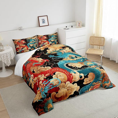 Castle Fairy Chinese Loong Bed Comforter Set Queen Size,Propitious Cloud Super Soft Microfiber Bedding Set for Adults Teens,Dragon Exotic Chinese Style Comforter Set,2 Pillowcases