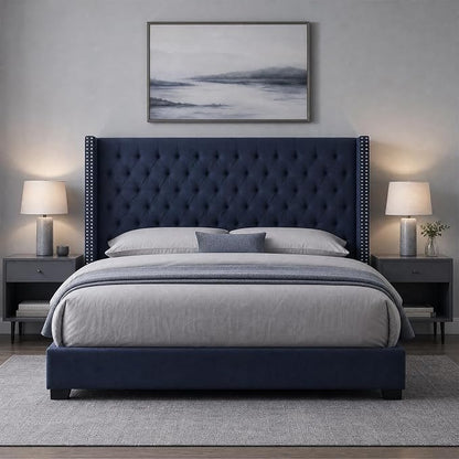 Madison Park King Wingback Upholstered Tufted Headboard, Featuring High-Density Sponge Padding, Adjustable Height Headboard, Easy Assembly, Navy
