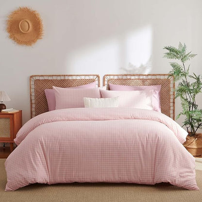 Nayoroom Gingham Duvet Cover Queen Size 100% Washed Cotton Pink Plaid Checkered Comforter Cover 3 Pcs Soft Breathable Grid Farmhouse Dorm Bedding Set for All Seasons