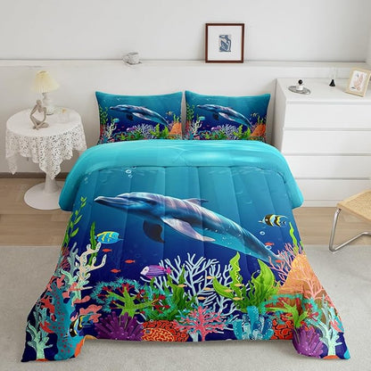 Cute Dolphin Kids Bed Comforters Set Queen Size,Ocean Fish Coral Super Soft Microfiber Bedding Set for Boys Girls,Cartoon Undersea Blue Underwater Room Decorative Comforter Set,2 Pillowcase