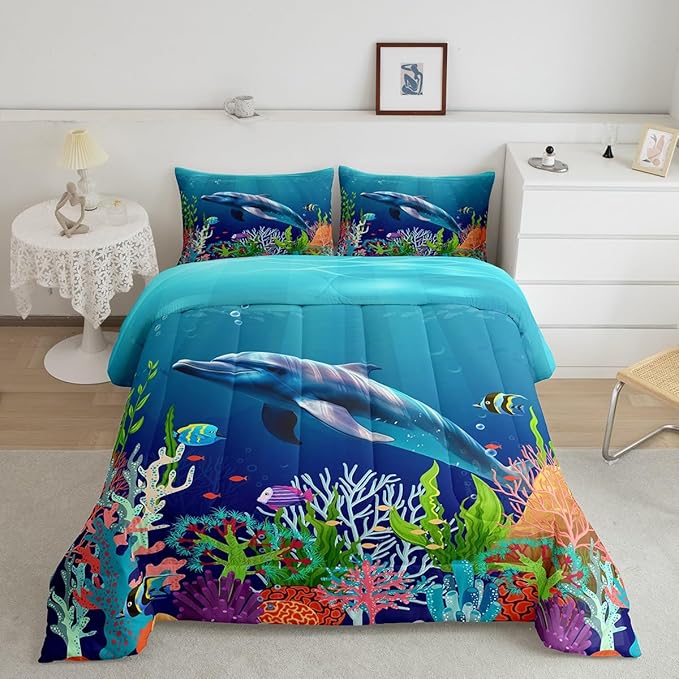 Cute Dolphin Kids Comforter King Size,Ocean Fish Coral Comforter Set Bedding Set for Kids Adults,Cartoon Undersea Boys Girls Blue Underwater Duvet Set Ultra Soft Room Decor 3Pcs Quilt Set