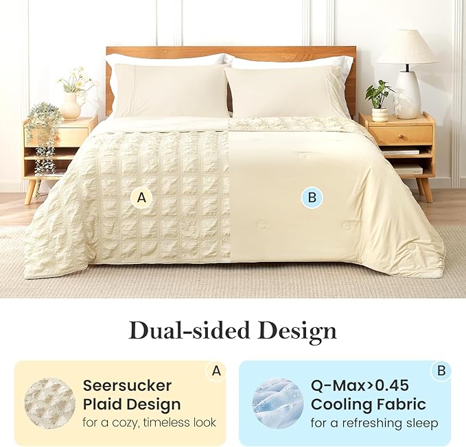 Cozy Bliss Cooling Comforter Seersucker Plaid Twin Size, Q-Max 0.45 Lightweight Cooling Blanket, Breathable Silk Smooth Summer Bedding Quilt for Hot Sleepers Night Sweats Khaki