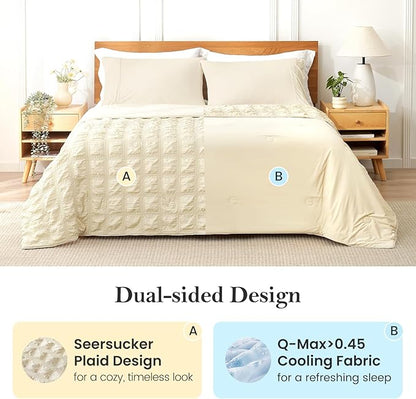Cozy Bliss Cooling Comforter Seersucker Plaid Queen Size, Q-Max 0.45 Lightweight Cooling Blanket, Breathable Silk Smooth Summer Bedding Quilt for Hot Sleepers Night Sweats Khaki