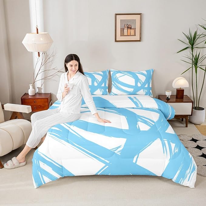 Blue and White Striped Bedding Set Full Size for Adults Youth Teens,Contemporary Boho Modern Art Comforter Set,Graffiti Stripes Lines Quilt,Aesthetic Geometric Duvet Insert for Minimalists