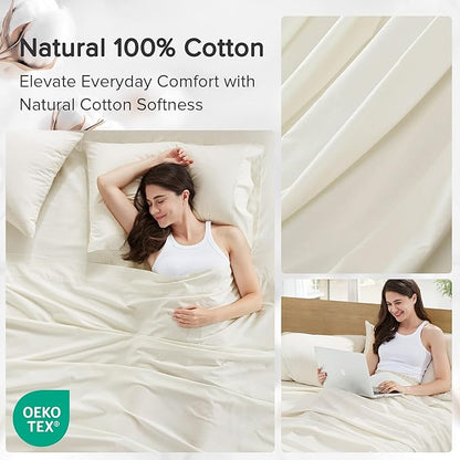 Comfort Spaces 100% Cotton Sheets King, Breathable & Ultra Soft Cotton Sheets, Naturally Cool Cotton Bed Sheets with 14" Elastic Pocket Fits up to 16" Mattress, All Season Sheet Set, Ivory 4 Piece