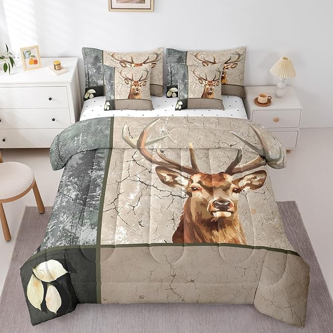 Erosebridal Elk Deer Bed in a Bag King Size Comforter Set 7 Pieces,Woodland Animals Bedding Sets Wild Animals Sheet Set with Comforter