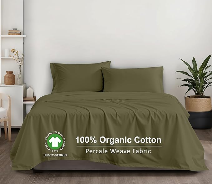 RUVANTI 100% Organic Cotton Sheets Full Size, Percale Weave, GOTS Certified, 4-Piece Set, Deep Pocket 15", Crisp & Breathable, Soft Durable Bedding, Sábanas Algodón Orgánico – Olive