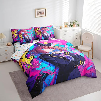 Erosebridal 7 Piece Girls Japanese Anime Comforter Set Twin, Kawaii Anime Girl Bedding Sets Cartoon Girl Sheet Set for Kids Teens Adult Room Decor,Japanese Animation Sci Fi Style Bed in A Bag