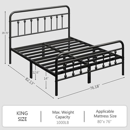 zunatu King Size Metal Bed Frame with Victorian Style Headboard and Footboard, Steel Slat Support Platform Bed, No Box Spring Needed, Under Bed Storage, Easy Assembly, Black