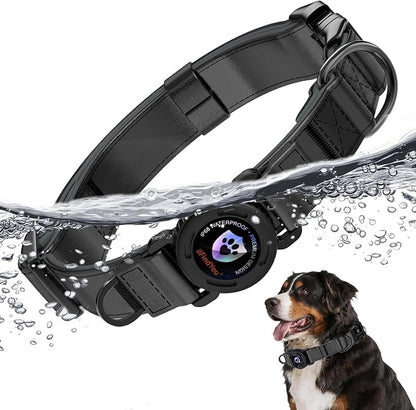 Airtag Dog Collar, Dog Collar with airtag Holder, IP68 Waterproof Leather Dog Collar with Metal Buckle & Lockable Airtag Holder, Heavy Duty Adjustable for Small Medium Large Dogs (Black M)