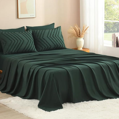 Litanika Full Size Comforter Set with Sheets Dark Emerald Green - 7 Pieces Bed in a Bag Full Chevron Tufted Complete Bedding Sets with Comforter, Sheets, Pillowcases & Shams