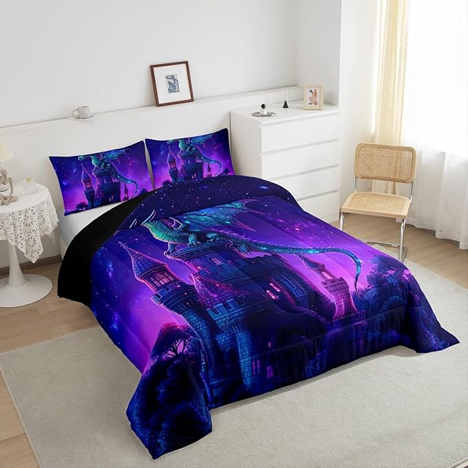 Western Dragon Comforter Set,Fierce Wild Animals Bedding Set for Kids Teens,Castle Mysterious Magical Theme Quilt Set,Duvet Insert 2 Pcs with 1 Pillowcase,Toddler