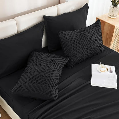 Andency Super King Plus Comforter Set with Sheets Black - 7 Pieces Bed in a Bag Oversized King Boho Lightweight Fluffy Tufted Bedding Sets with Comforter, Sheets, Pillowcases & Shams