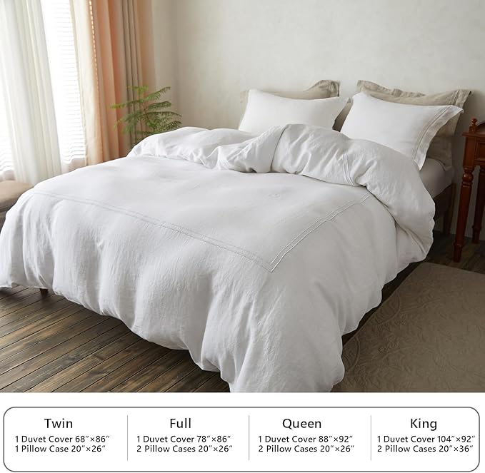 Simple&Opulence 100% Washed Linen Duvet Cover Set 68"x86" - 2 Pieces Soft Farmhouse Comforter Cover Set Double Embroidered with Button Closure - 1 Duvet Cover and 1 Pillowcase (White, Twin)