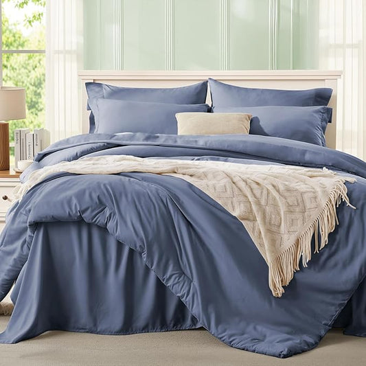 Anluoer Grayish Blue California King Comforter Set 7 Pieces, Bed in a Bag with Sheets, All Season Bedding Sets with 1 Comforter, 2 Pillow Shams, 2 Pillowcases, 1 Flat Sheet, 1 Fitted Sheet