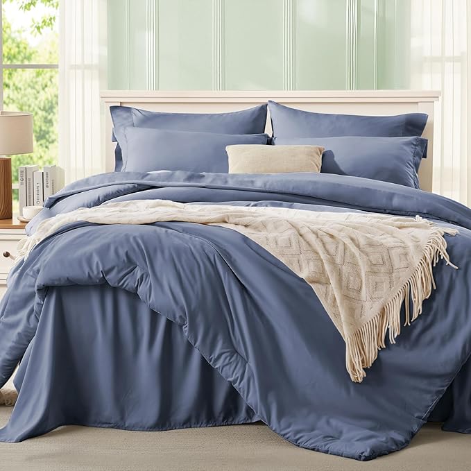 Anluoer Grayish Blue Full Comforter Set 7 Pieces, Bed in a Bag with Sheets, All Season Bedding Sets with 1 Comforter, 2 Pillow Shams, 2 Pillowcases, 1 Flat Sheet, 1 Fitted Sheet