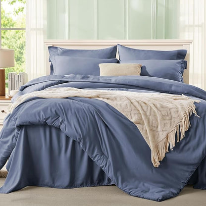 Anluoer Grayish Blue Queen Comforter Set 7 Pieces, Bed in a Bag with Sheets, All Season Bedding Sets with 1 Comforter, 2 Pillow Shams, 2 Pillowcases, 1 Flat Sheet, 1 Fitted Sheet