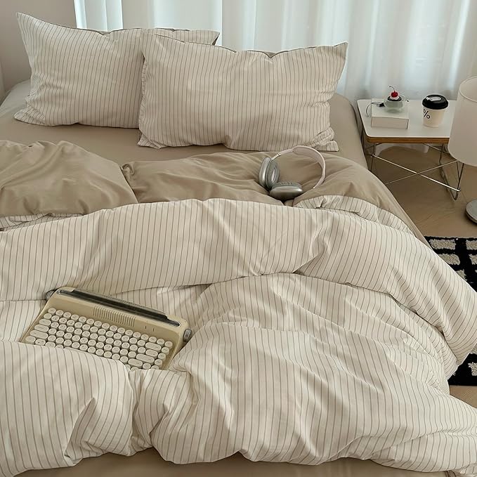 Nayoroom Brown Striped Duvet Cover Queen Size 100% Washed Cotton Duvet Cover Linen Like Textured, Reversible 3 Pieces Soft Breathable Yarn-Dyed Stripe Girls Dorm Bedding Set for All Seasons