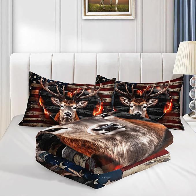 Deer Bedding Sets for Kids Boys Girls Room Decor,Hunting Themed American Flag Bedding Comforter Sets,Western Comforter Sets Camo Full Bedding Set with 2 Pillowcases.