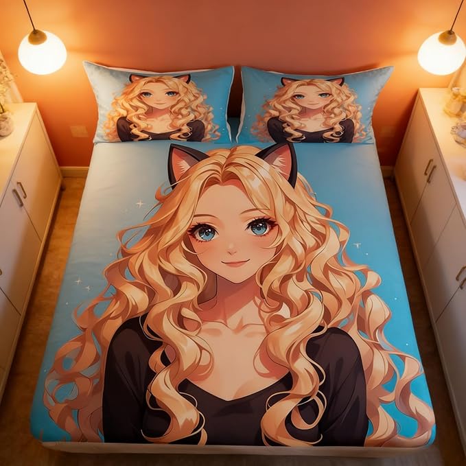 Erosebridal Kawaii Cat Girl Cute Fitted Sheet, 3D Japanese Style Bedding Set Japanese Anime Girl Sheets Twin, 1 Fitted Sheet 1 Pillowcase (No Flat Sheet)