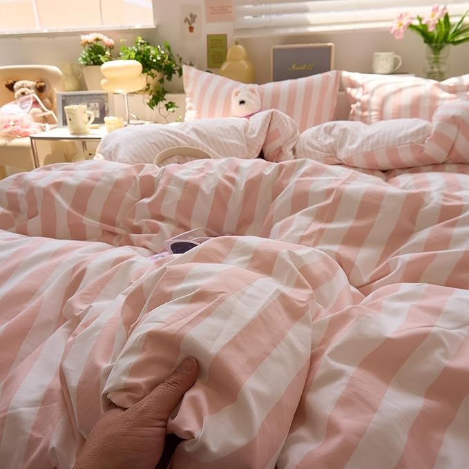 EAVD Pink Striped Duvet Cover King Soft Washed Microfiber Pink White Vertical Striped Bedding Set with 2 Pillowcases Modern Farmhouse Geometric Pattern Duvet Cover with Zipper Closure