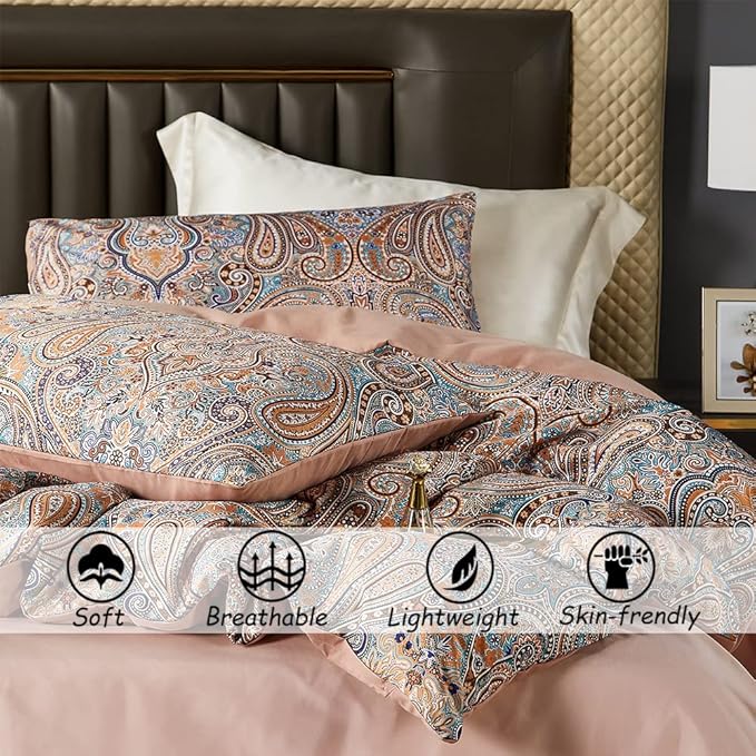 Gold Duvet Cover Set,5 PCS Medallion Paisley Print Comforter Cover Set,Bohemian Pattern Bedding Set,Vintage Style Flower Duvet Cover,Soft Reversible Design(Paisley,King/California King)