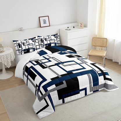 Erosebridal Square Comforter for Kids Boys Girls,Black and Grey White Navy Blue Bedding Set,Geometric Quilt Set Twin,Fashion 3D Grid Striped Duvet Insert with 1 Pillowcase Lightweight