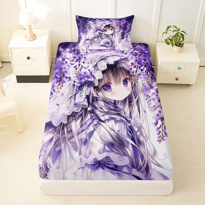 Erosebridal Lilac Flower Girl Fitted Sheet for Boys Girls Kids Purple Spring Floral Twin Bed Sheets,Anime Girl Sheets Cartoon Anime Gift Bedding Sets, No Top Sheet