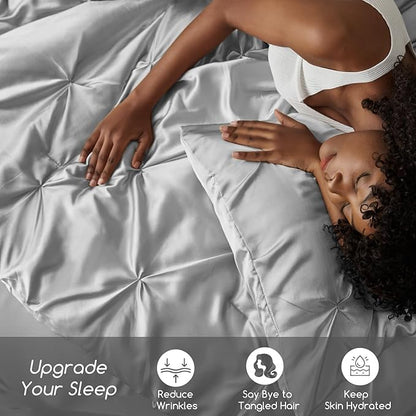 MR&HM Satin Comforter Twin XL 5 Pieces - Luxurious Pinch Pleat Bedding Set with Comforter, Flat Sheet, Fitted Sheet, Pillowcase & Sham, Super Silky Soft Bed Set for All Season (Twin XL, Silver Grey)