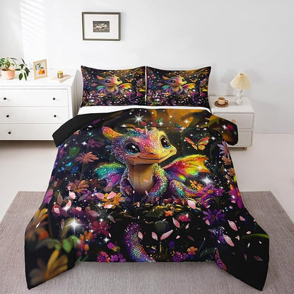 Feelyou Dragon Comforter Set Full Size Dragon Stuff Comforter for Boys Girls Teens Shiny Flower Bedding Set Dragon Decor Duvet Set Room Decor Carbon Black Quilt Set