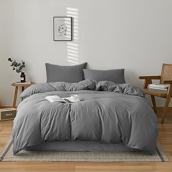 Cottonight Grey Comforter Sets Full Size Dark Grey Bedding Comforter Set Full Charcoal Gray Quilts Blanket Modern Solid 3PCS Smoke Gray Bedding Comforter Set for Men Boys Adults Full Bed