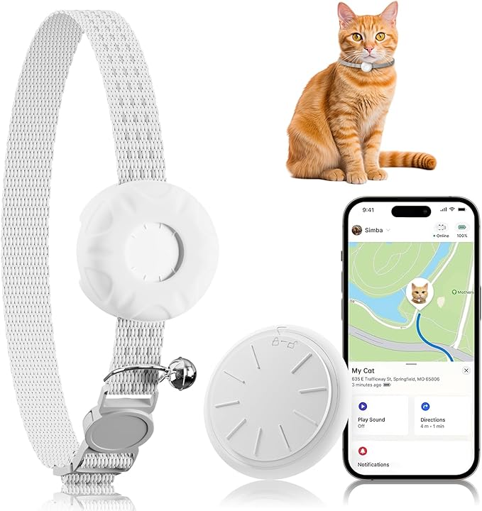 Cat Tracker, Lightweight GPS Tracker Compatible with Apple Find My App(Only iOS), Waterproof Cat Trackers Collar with Bell and Safety Elastic Buckle, No Monthly Fee Pet Tracker, Black (White)