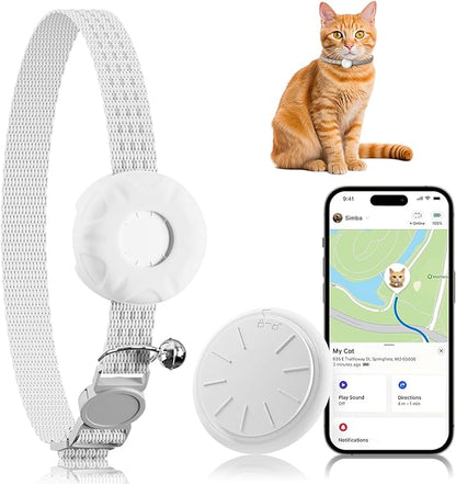 Cat Tracker, Lightweight GPS Tracker Compatible with Apple Find My App(Only iOS), Waterproof Cat Trackers Collar with Bell and Safety Elastic Buckle, No Monthly Fee Pet Tracker, Black (White)