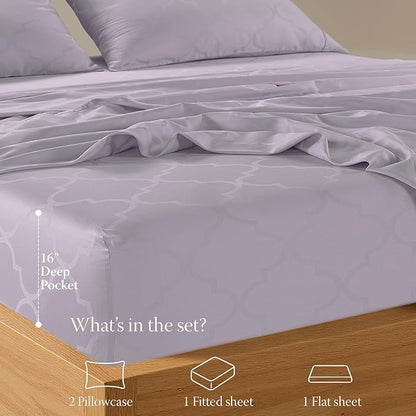 Threadmill 100% Cotton Sheets for King Size Bed | 4 Pc King Bed Sheets Set | Soft, Breathable Lightweight Damask Sateen for All-Season Use | Snug Fit Elastic Deep Pocket King Sheets | Lilac