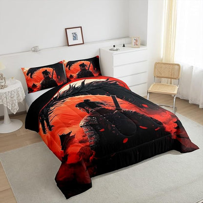 Castle Fairy Chinese Loong Bed Comforter Set Queen Size,Chinese General Super Soft Microfiber Bedding Set for Adults Teens,Dragon Wildlife Comforter Set,2 Pillowcases